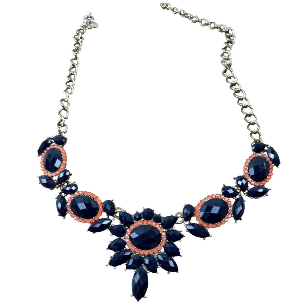 J. Crew Navy Coral Bib Statement Necklace Floral Medallion Silver Chain